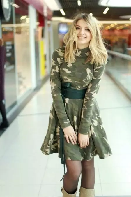 Dress with camouflage print and belt