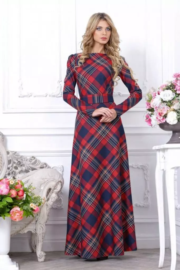 Długa sukienka w szkockiej długim rękawem Cater