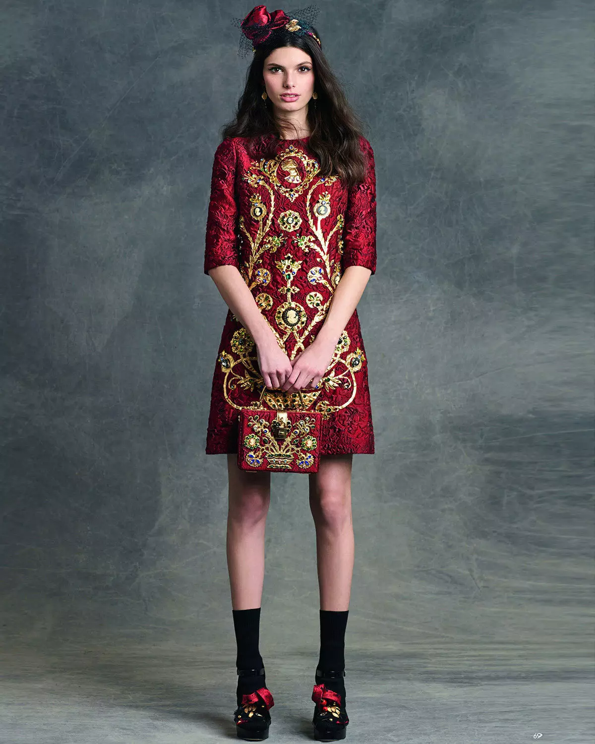 Cherry dress with gold embroidery