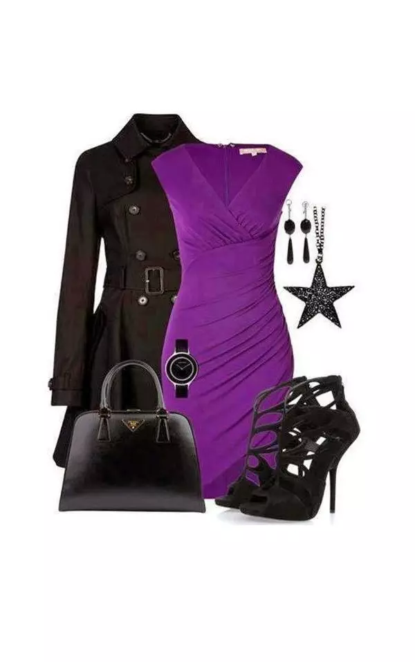 Baklažānu krāsu kleita ar melniem piederumiem