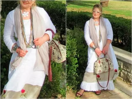 Бочо стил за пълен (64 снимки): плетени неща в Boho стил за жени, след като на 50, правилата за използване на booho елементи в облеклото 14862_33