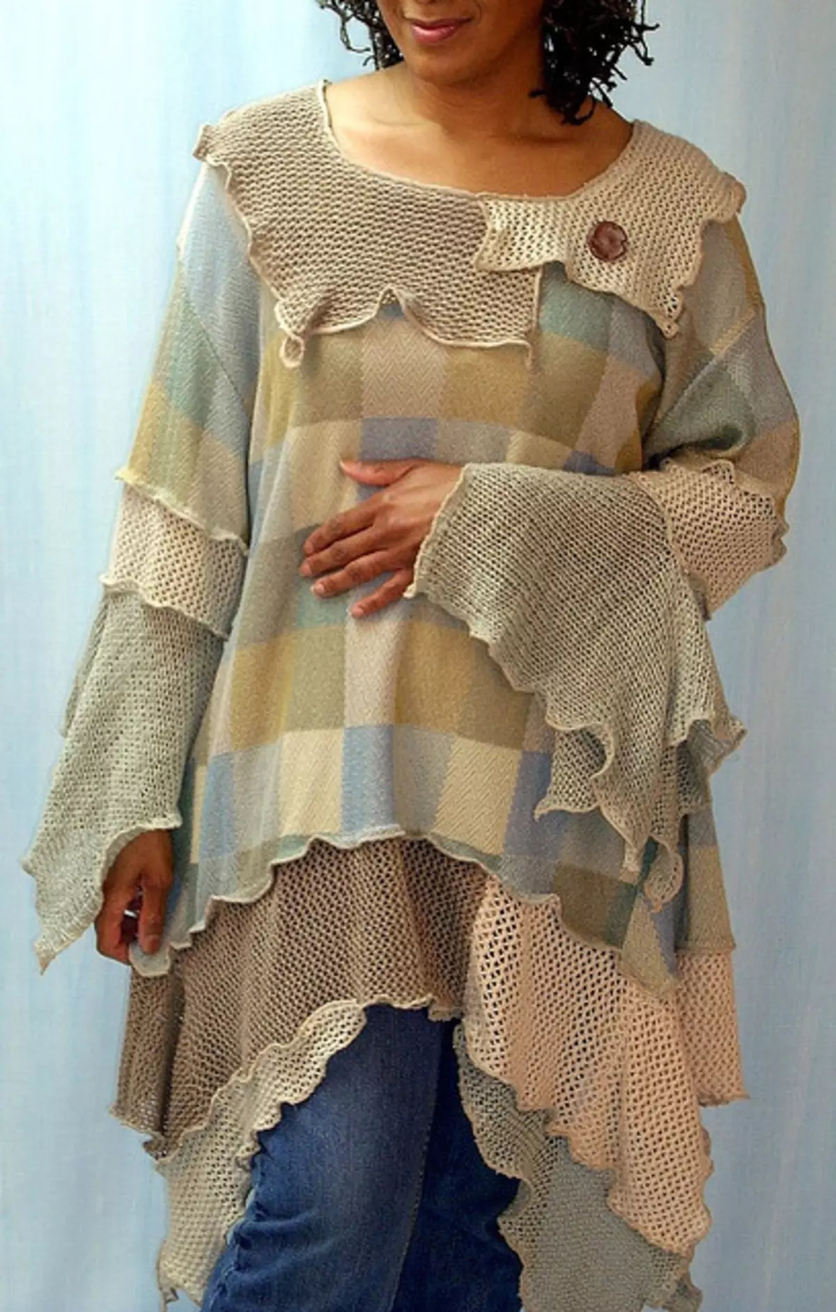 Bocho stilu za potpunu (64 slike): pletene stvari u boho stil za žene nakon 50, pravila za korištenje booho elemenata u odjeću 14862_46