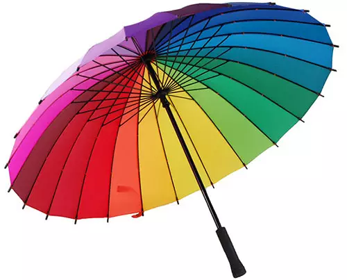 Ĉielarko ombrelojn (50 fotoj): Multkolora bastonon kaj ŝanĝante koloron faldebla ombrelo-ĉielarko 15239_38
