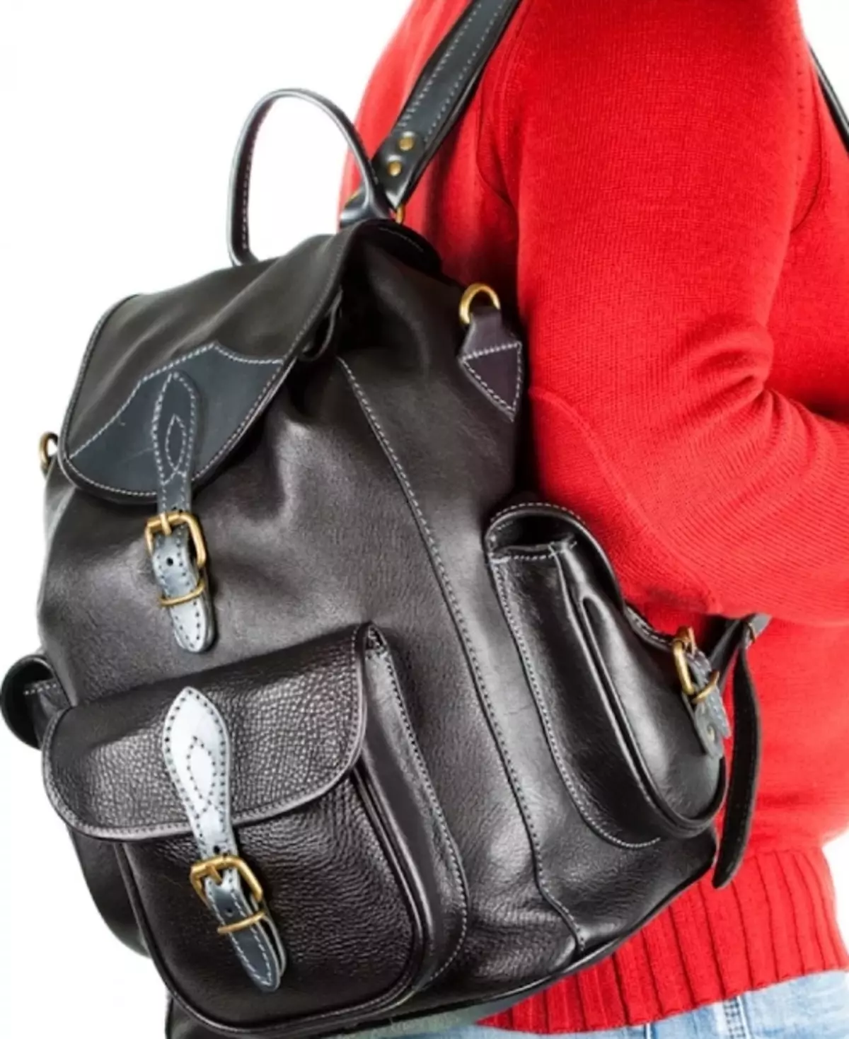 Siyah deri sırt çantaları: Kadınların büyük ve küçük sırt çantaları, gerçek deriden ve yapay, vernik derisinin yapay, ferah kalıplarından yapılmıştır. Bir sırt çantası ve ne giyeceğiniz? 15348_10