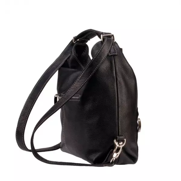 Siyah deri sırt çantaları: Kadınların büyük ve küçük sırt çantaları, gerçek deriden ve yapay, vernik derisinin yapay, ferah kalıplarından yapılmıştır. Bir sırt çantası ve ne giyeceğiniz? 15348_16