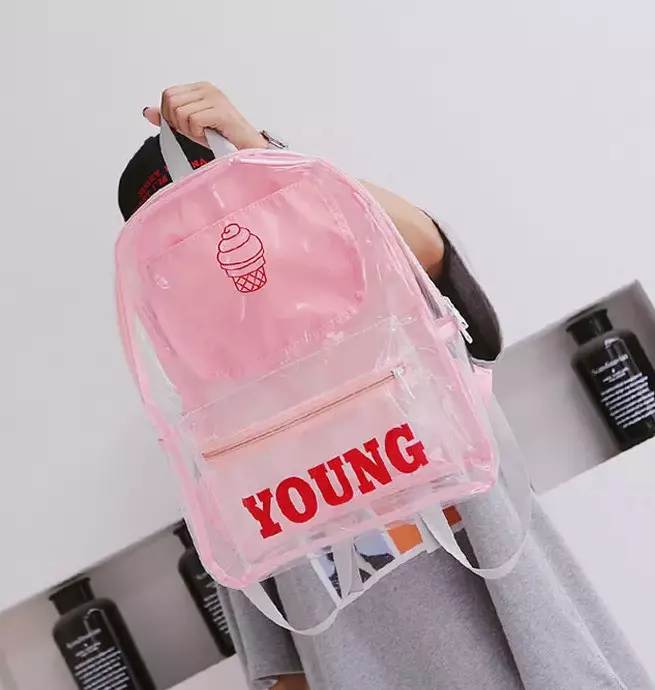 Transparentni ruksaci: Mali ženski ružičasti prozirni modeli i mini naprtnjaci sa šljokicama, bijelim i drugim ruksacima 15362_8