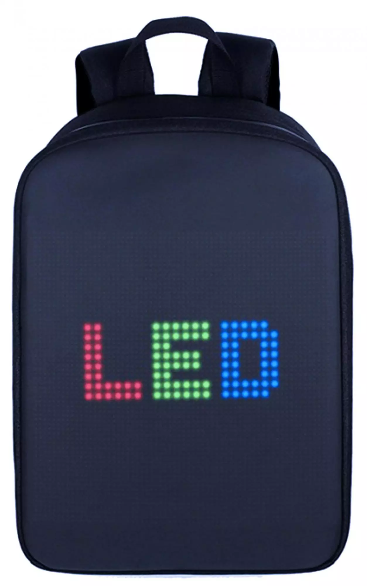 திரை backpacks: பின்னால் இருந்து LED காட்சி ஒளிரும் டிஜிட்டல் backpacks கண்ணோட்டம். 