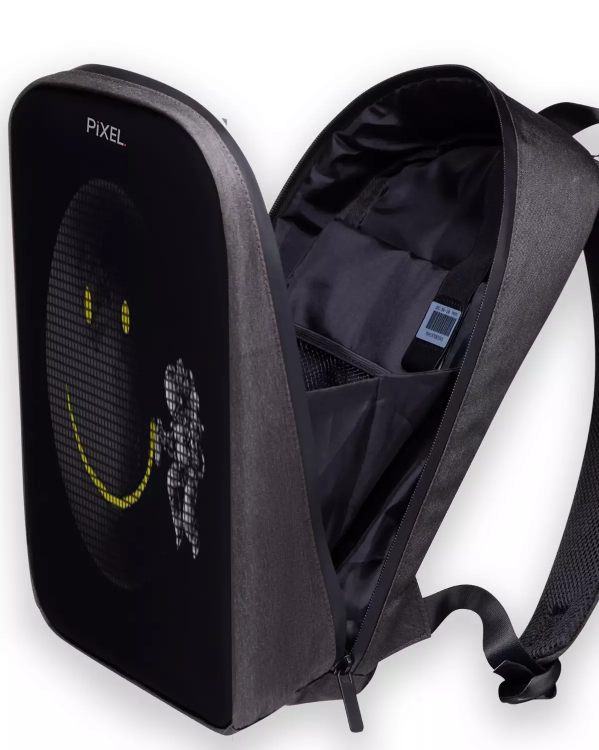 திரை backpacks: பின்னால் இருந்து LED காட்சி ஒளிரும் டிஜிட்டல் backpacks கண்ணோட்டம். 