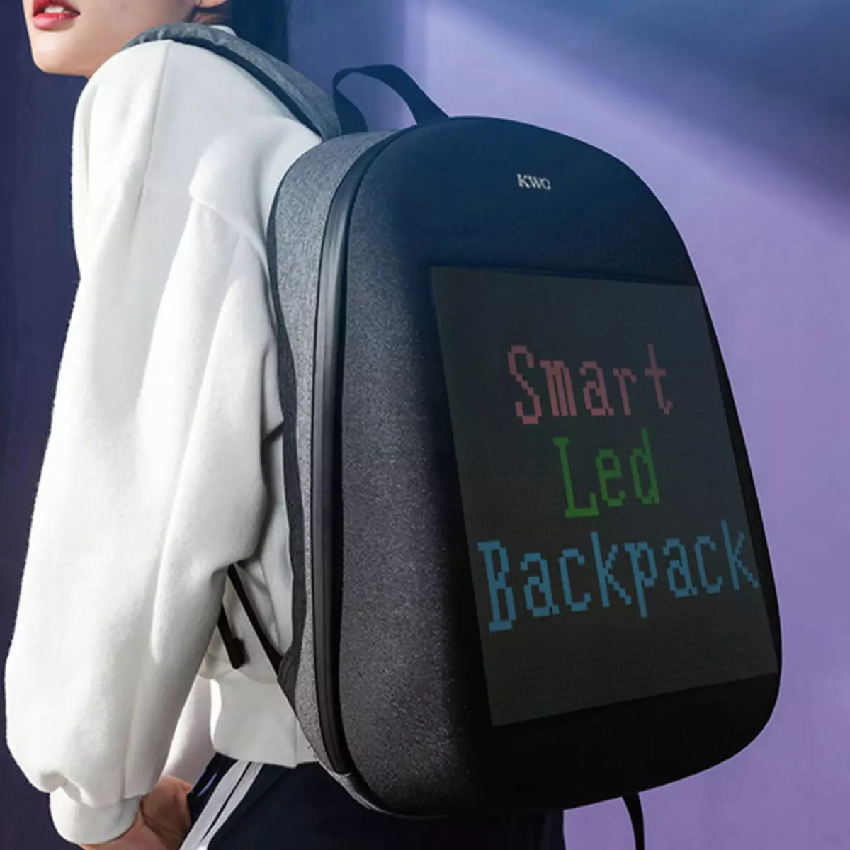 திரை backpacks: பின்னால் இருந்து LED காட்சி ஒளிரும் டிஜிட்டல் backpacks கண்ணோட்டம். 