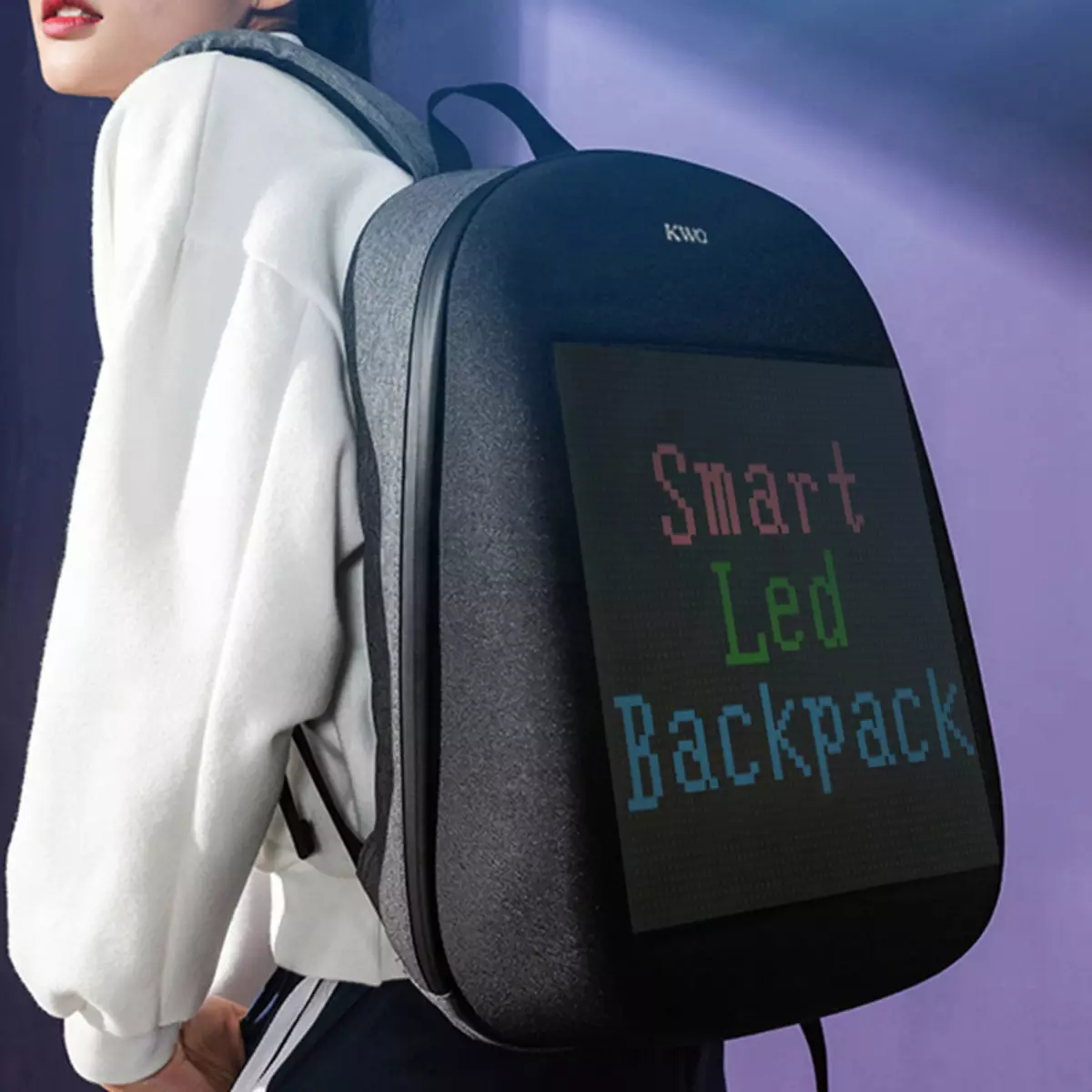 Sac à dos d'écran: Vue d'ensemble des sacs à dos numériques lumineux avec un affichage à LED par derrière. Comment connecter le portefeuille interactif électronique 