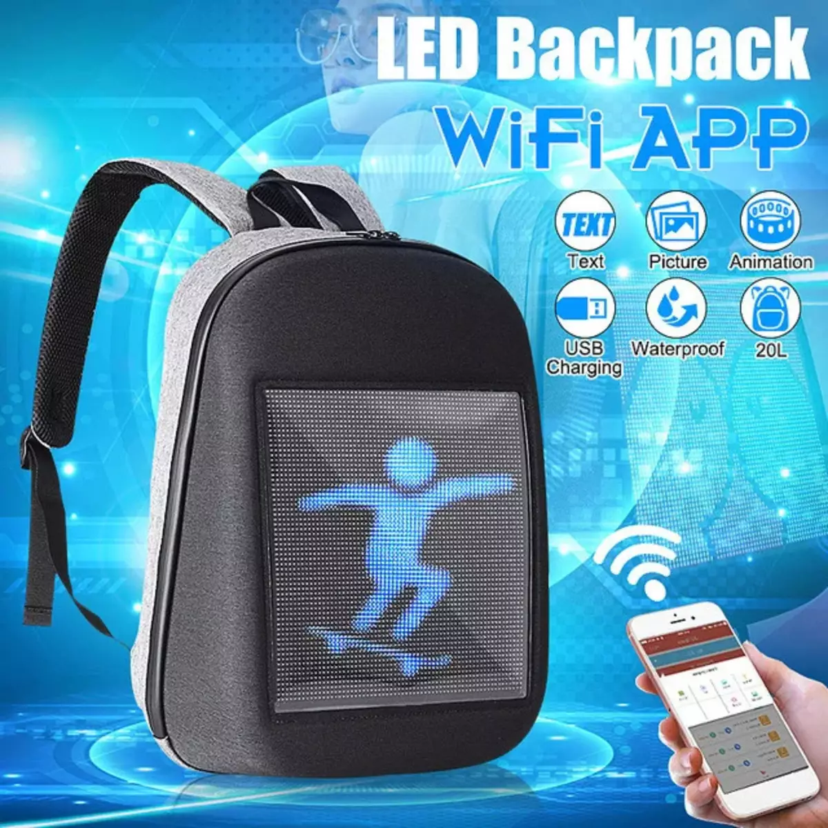 Mochilas de pantalla: Descripción general de mochilas digitales luminosas con pantalla LED desde atrás. ¿Cómo conectar la cartera interactiva electrónica 