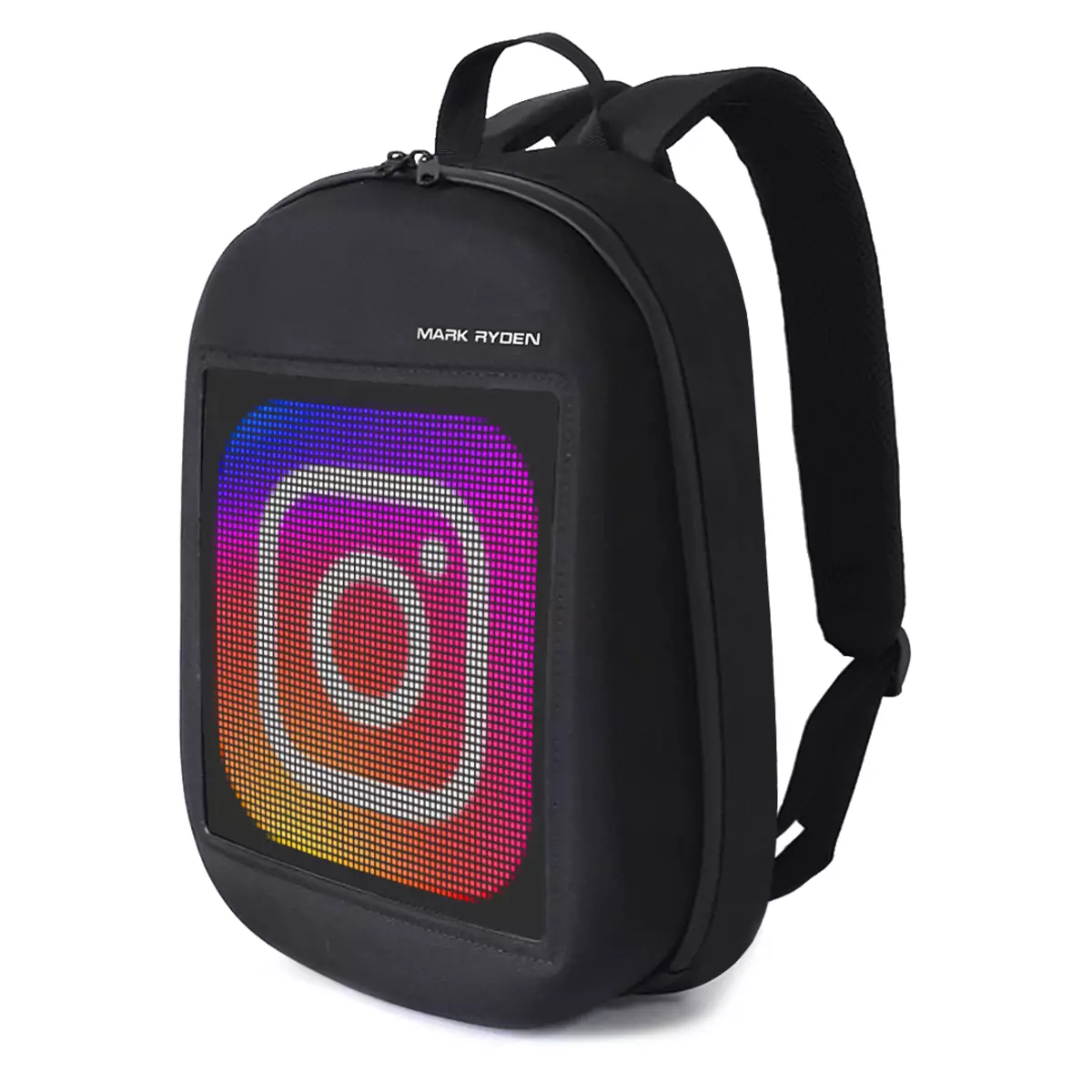 திரை backpacks: பின்னால் இருந்து LED காட்சி ஒளிரும் டிஜிட்டல் backpacks கண்ணோட்டம். 