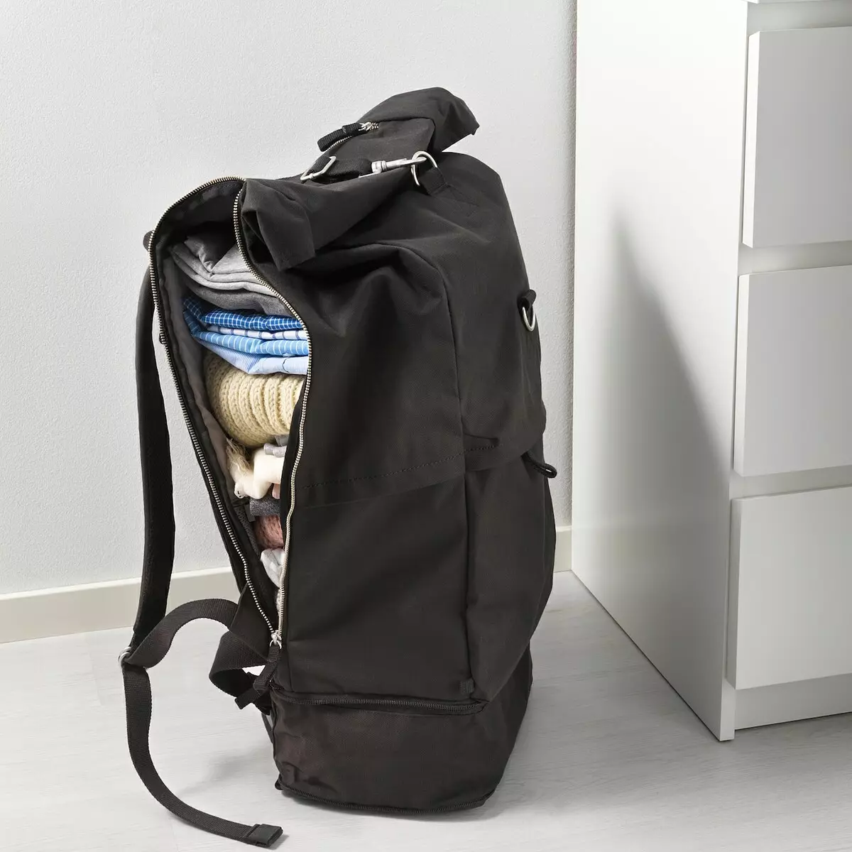 IKEA Backpacks: მიმოხილვა შავი backpack-ჩემოდანი ბორბლები და სხვა მოდელები, როგორ ზრუნვა 15421_12