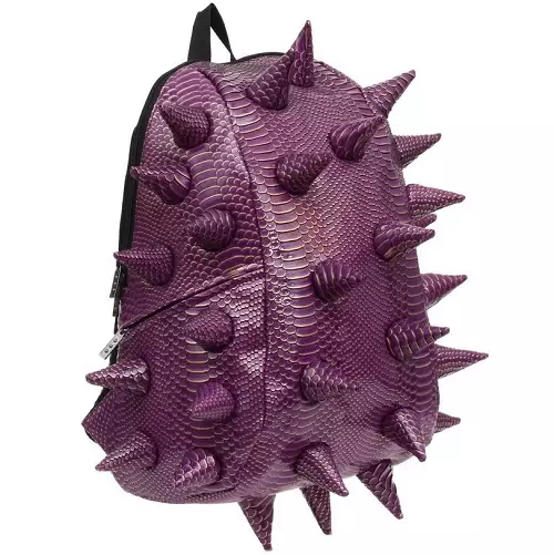 Backpacks Madpax: Spike, Ireng karo umplite lan spines, kulit lan alus, uga model backpacks, ukuran kaya ngumbah 15434_17