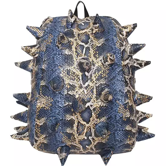 Backpacks Madpax: Spike, Ireng karo umplite lan spines, kulit lan alus, uga model backpacks, ukuran kaya ngumbah 15434_26