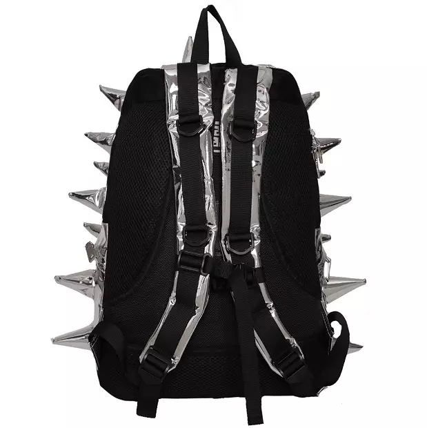 Backpacks Madpax: Spike, Ireng karo umplite lan spines, kulit lan alus, uga model backpacks, ukuran kaya ngumbah 15434_29
