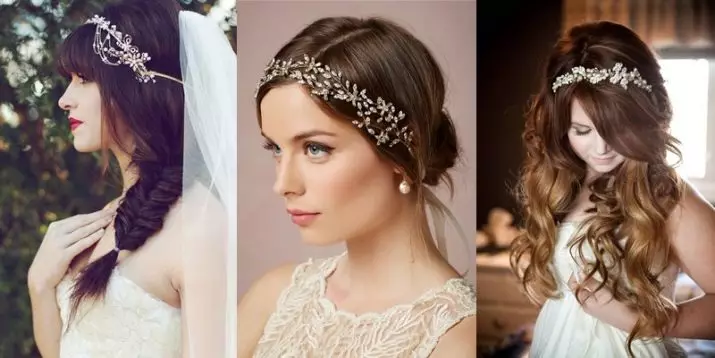 Pulmad Tiara (61 fotot): pruudi pulmade mudelid, pildid looriga ja diadema-võrguga juukseid pärlitega 15530_27