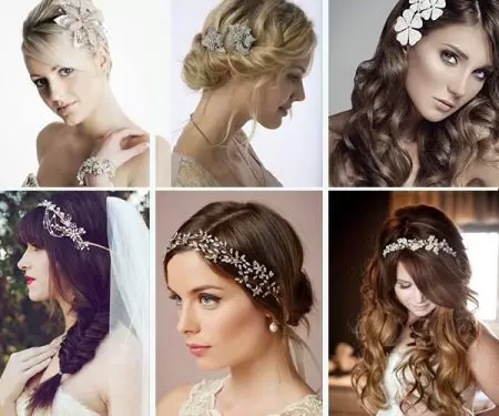 婚紗頭飾（61張照片）：用於新娘的婚禮的模型，帶面紗的圖像，用珍珠的頭髮用迪亞瑪柵格 15530_42