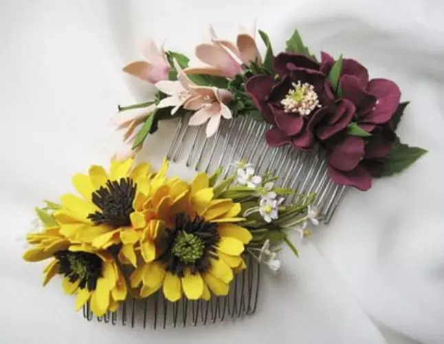 Barring with Flower (78 รูป): รุ่นจาก Foamiran, Hairpins จากผ้า, Kanzashi, ดอกไม้ 15538_11