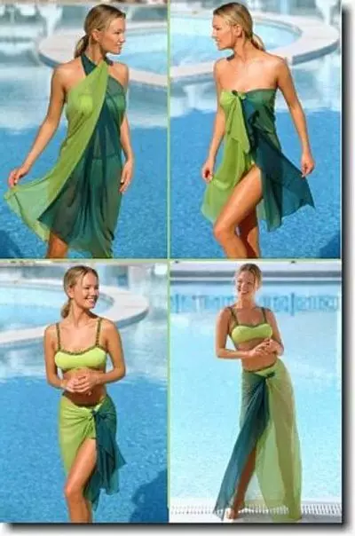 Hoe een Pareo (60 foto's) te binden: hoe mooi om aan het strand te binden, methoden om te binden in de vorm van een jurken voor een badpak, opties voor volledige opties 1565_36