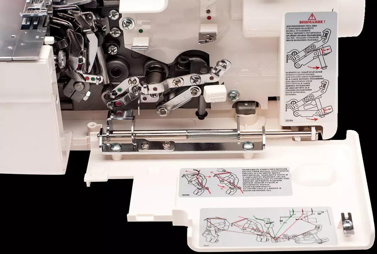 Coverlock MerryLock: Models 5000 og 5550A, 007, 0115a og 075. Fyrir hvað eru saumar á fimm-klára Koverlock? Umsagnir 15670_5