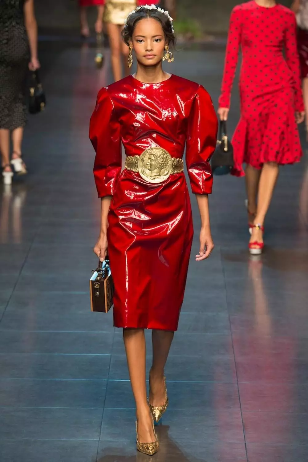 Red leather evening dress from Dolce and Gabbana