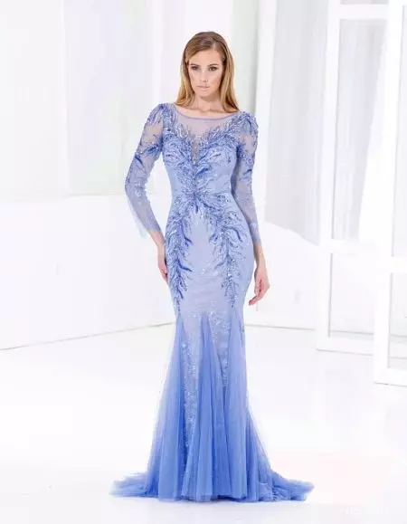 Blue evening dress with openwork sleeves