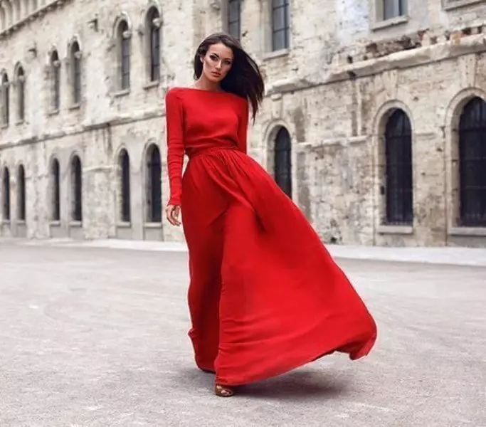Red evening dress with sleeves