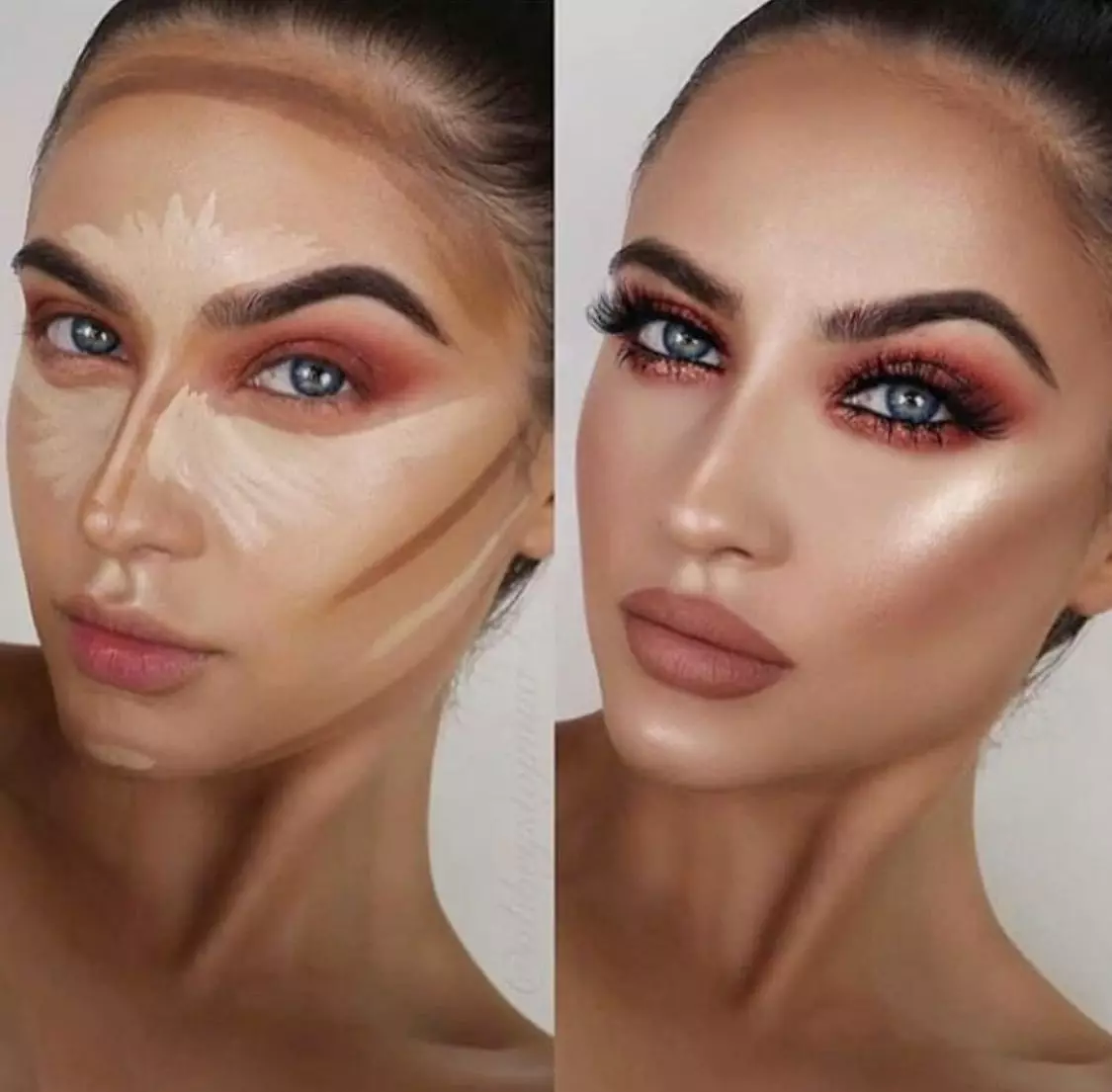 Giunsa pagpakunhod ang ilong nga adunay makeup? 49 Photo kung unsaon paghimo usa ka biswal nga dili kaayo taas nga lakang sa ilong pinaagi sa lakang? Laraw sa visual nga pagkunhod sa usa ka lapad ug uban pang ilong 16023_32