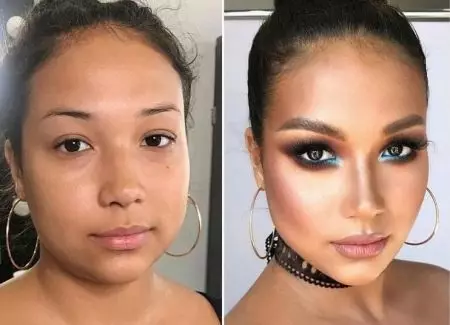 Giunsa pagpakunhod ang ilong nga adunay makeup? 49 Photo kung unsaon paghimo usa ka biswal nga dili kaayo taas nga lakang sa ilong pinaagi sa lakang? Laraw sa visual nga pagkunhod sa usa ka lapad ug uban pang ilong 16023_45