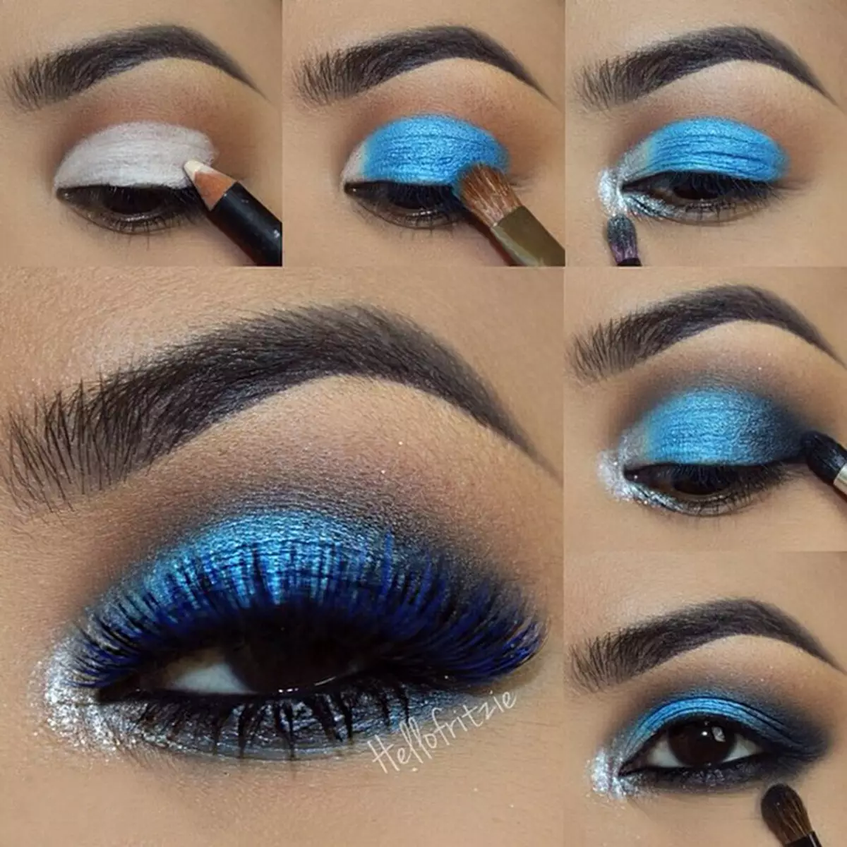 Blue Makeup (52 foto): Grim të lehta dhe të errët blu hap pas hapi me hijet e syve, meycap dritë në hije blu me buzëkuq rozë, opsione të tjera 16051_46