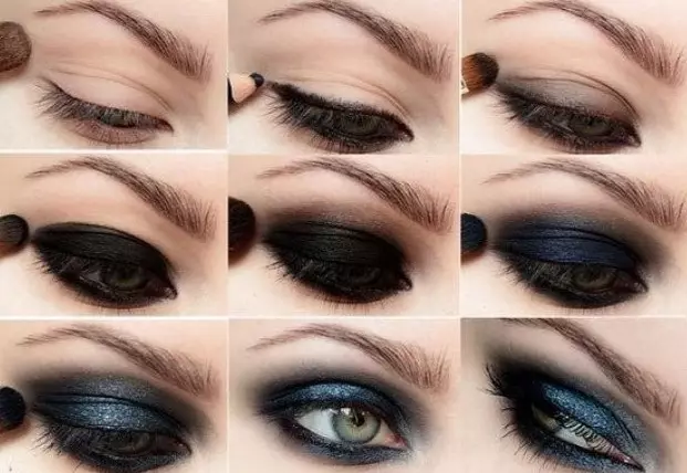 Dark Makeup (48 Fotos): Gedämpfte Augen Makeup Schatten in dunklen Farben, schöne leicht zu grüne Augen und einfache blaue Augenideen 16060_24