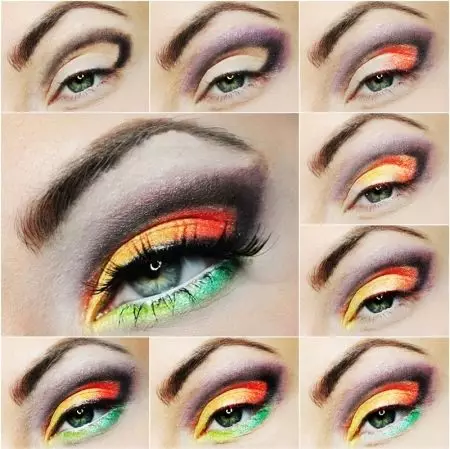 Maquiagem do arco-íris (34 fotos): Maquiagem de olho leve e rosto. Como fazer um belo arco-íris no rosto de Stehago? As melhores ideias de maquiagem 16106_14