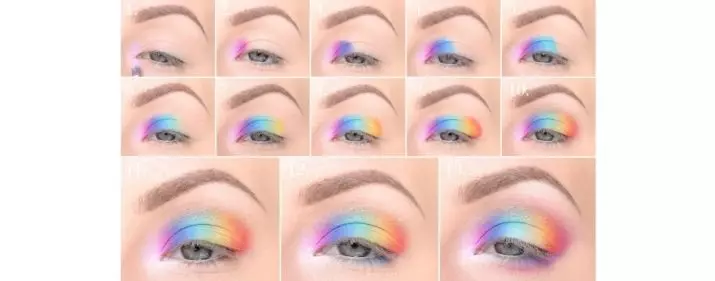 Trucco arcobaleno (34 foto): trucco e viso occhi leggeri. Come fare un bellissimo arcobaleno sulla faccia di Stehago? Le migliori idee di trucco 16106_19