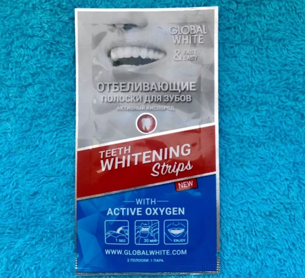 הלבנת רצועות לשיניים גלובלי לבן: עם חמצן פעיל ופחם עבור הלבנה. המלצות לשימוש. ביקורות 16149_10