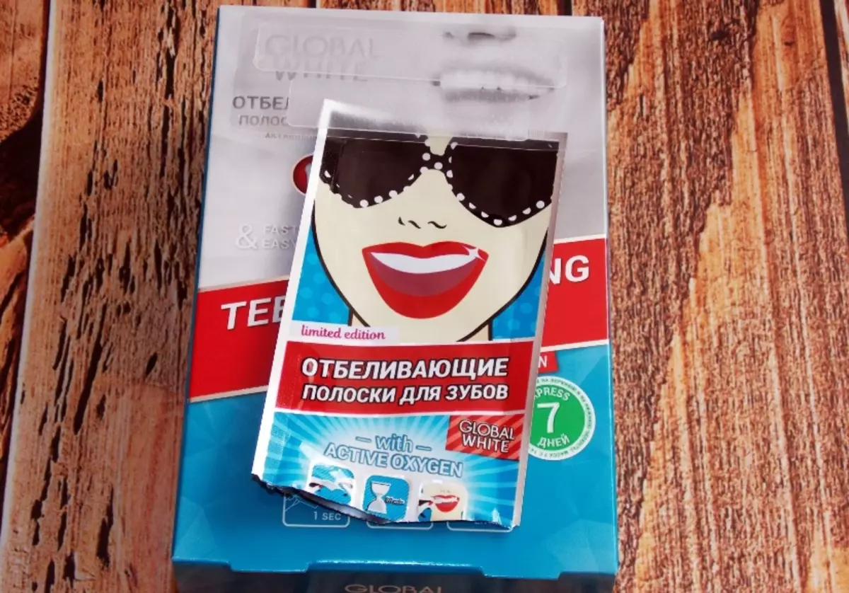 Whitening Strips ho an'ny nify Global Global White: miaraka amin'ny oksizenina mavitrika sy saribao ho an'ny bleaching. Torohevitra ho ampiasaina. Hevitra 16149_2