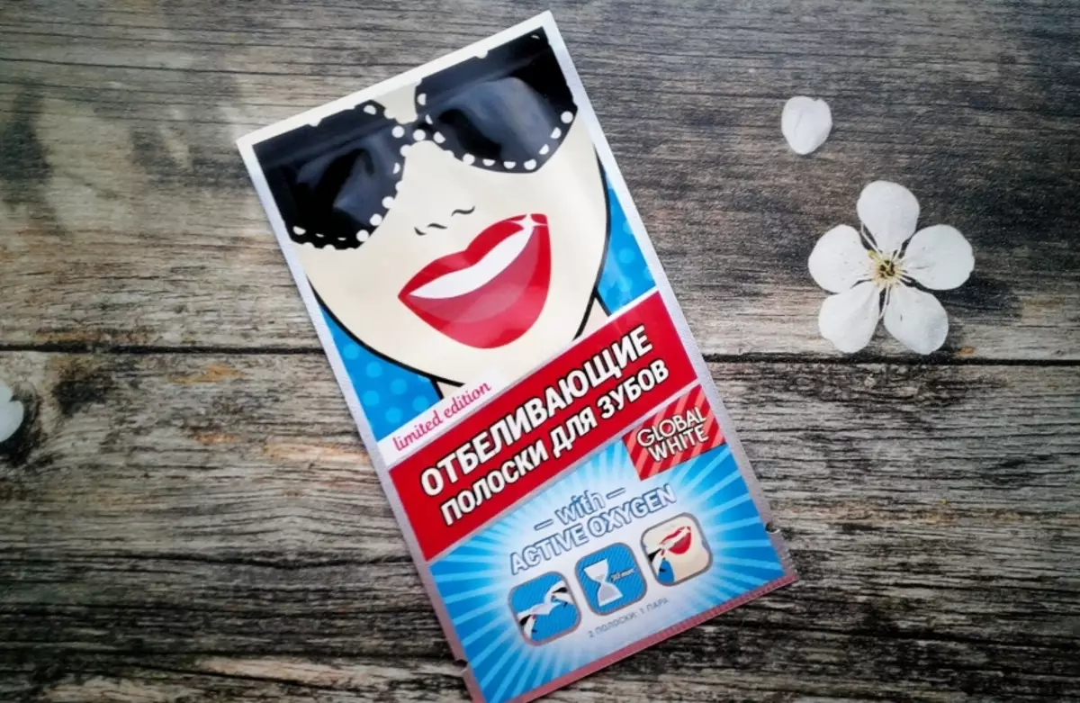 Whitening strips foar tosken Global Wit: mei aktive soerstof en houtskoal foar bleken. Oanbefellingen foar gebrûk. Resinsjes fan beoordelingen 16149_3