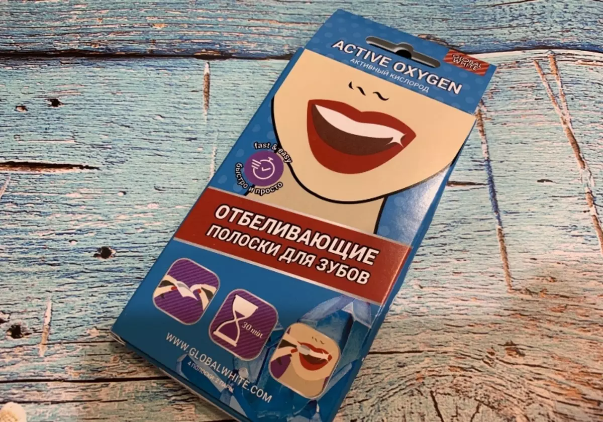 Whitening strips foar tosken Global Wit: mei aktive soerstof en houtskoal foar bleken. Oanbefellingen foar gebrûk. Resinsjes fan beoordelingen 16149_7