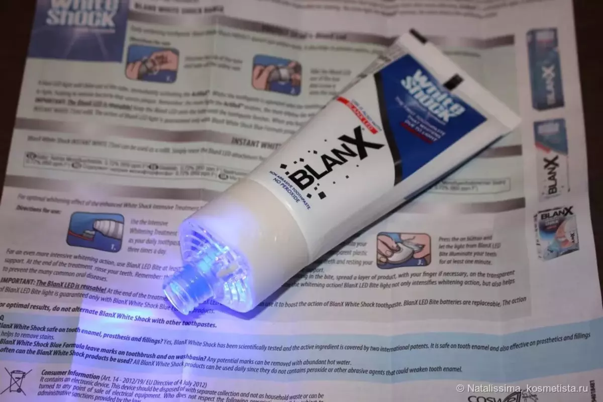Blanx pastă de dinți: albire suplimentară albă și med, tratare a șocurilor albe și alte produse, recenzii 16183_12