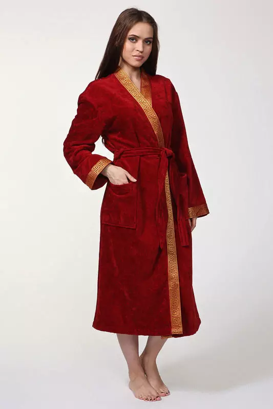 Махровый халат 132 фота: жаночыя мадэлі 2021, з Турцыі, лазневыя, з вышыўкай, з палегчанай махра 1626_75