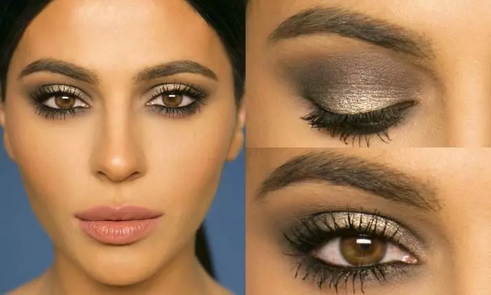 Smokey Ice for Brown Eyes (77 լուսանկար). Քայլ առ քայլ երեկոյան դիմահարդարում Brunettes- ի եւ շիկահերների համար, թեթեւ շագանակագույն ծխի եւ մերկ 16363_2