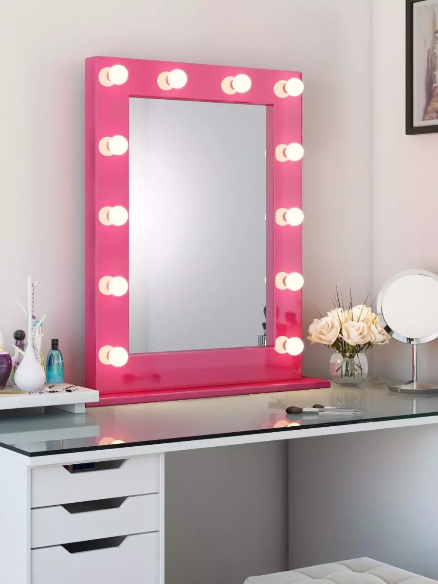 Make-up zrcadlo: Zrcadla make-up umělce s žárovky v plném růstu, na kolech a na stojanu, z dřeva a police, velikosti 16525_68