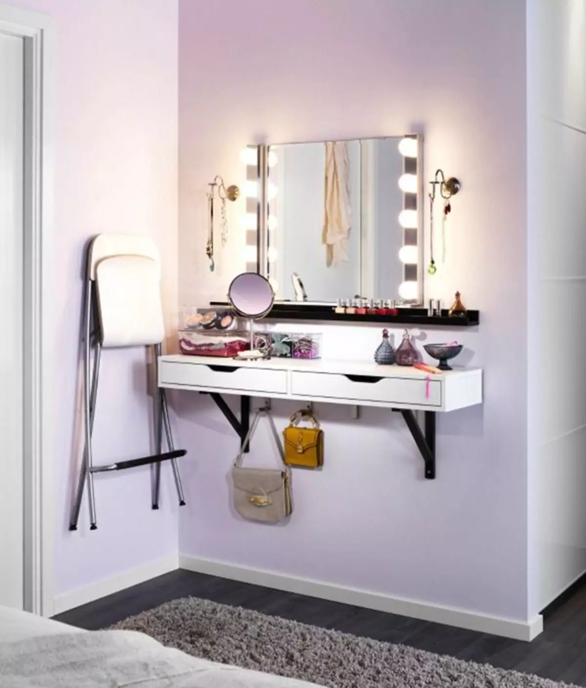 Espello con maquillaxe iluminado (40 fotos): espello de uproincing cosmético con lámpadas e círculo de maquillaxe para maquillaxe artista 16532_8