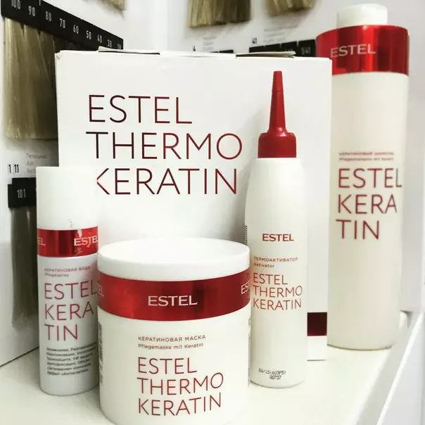 Estel Keratin Tools များ - Keratin Straight အတွက် Estel မှအဘယ်အရာပါဝင်သနည်း။ Keratin မျက်နှာဖုံးနှင့်ဆံပင်အတွက်ဆံပင်ကိုဘယ်လိုသုံးရမလဲ။ ပြန်လည်သုံးသပ်ခြင်း 16613_9