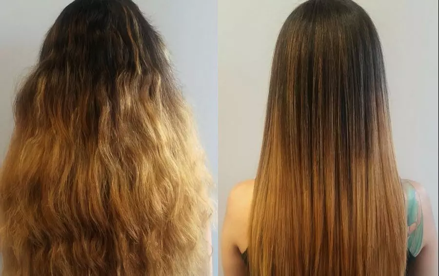 Keratin straightening gruaige (54 grianghraf): Cad é atá ann? Conas a dhéantar an nós imeachta atá ag Keratin straightening agus an féidir curl a dhéanamh ina dhiaidh sin, an ghruaig a phéinteáil? Athbhreithnithe 16617_19