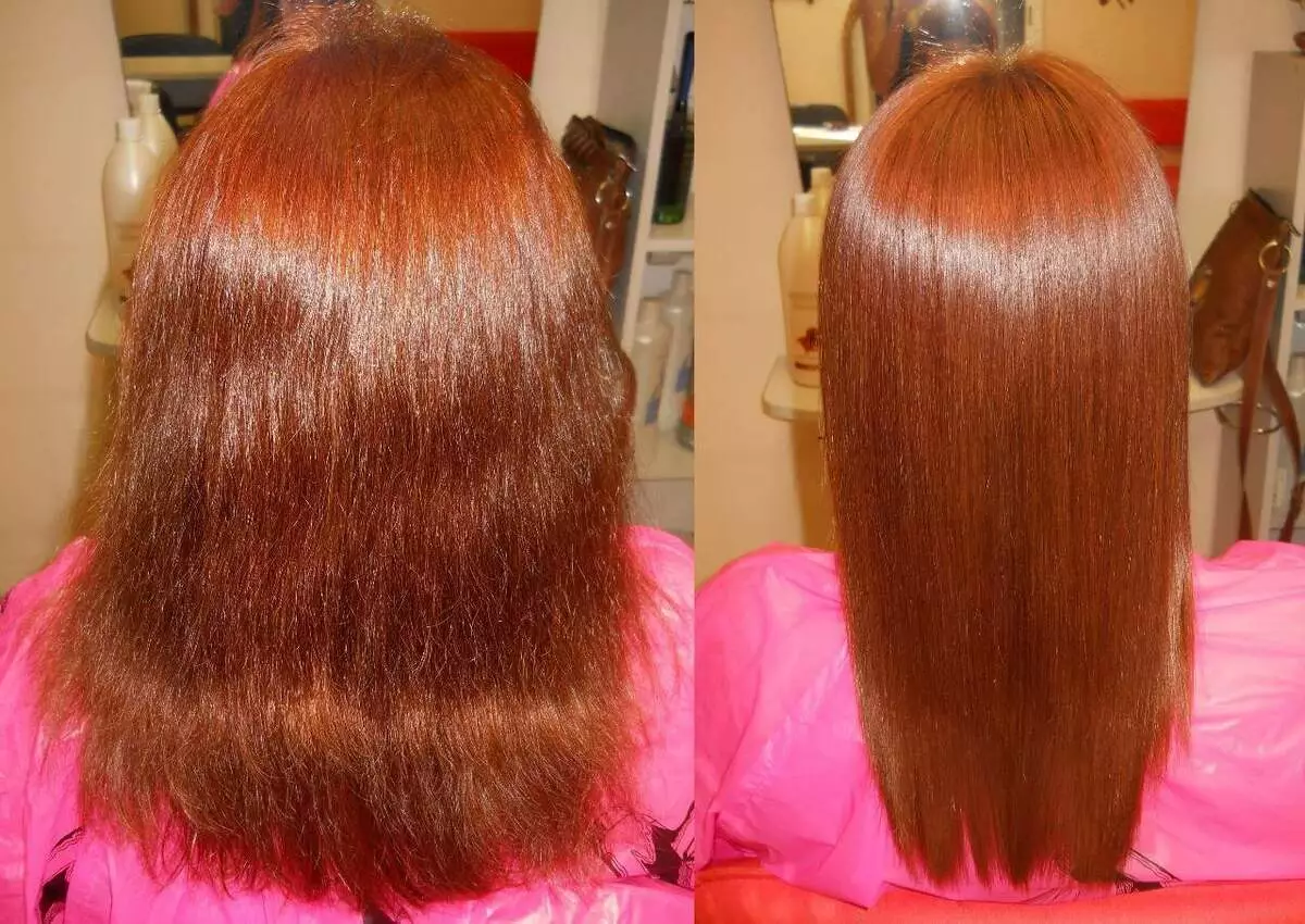 Keratin ဆံပင်ဖြောင့် (ဓာတ်ပုံ 54) ။ Keratin ၏လုပ်ထုံးလုပ်နည်းများကိုမည်သို့ဖြောင့်မတ်စွာဖြောင့်မတ်စေပြီး၎င်းကိုကောက်ကောက်ကောက်ရန်ဖြစ်နိုင်ပါသလား။ ပြန်လည်သုံးသပ်ခြင်း 16617_24