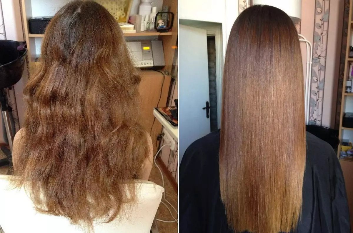 Keratin straightening gruaige (54 grianghraf): Cad é atá ann? Conas a dhéantar an nós imeachta atá ag Keratin straightening agus an féidir curl a dhéanamh ina dhiaidh sin, an ghruaig a phéinteáil? Athbhreithnithe 16617_27