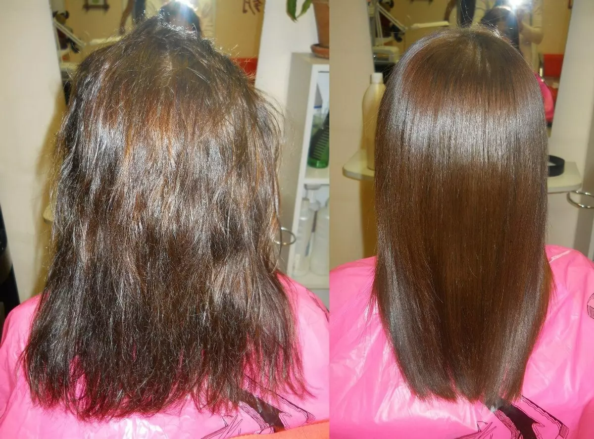 Keratin ဆံပင်ဖြောင့် (ဓာတ်ပုံ 54) ။ Keratin ၏လုပ်ထုံးလုပ်နည်းများကိုမည်သို့ဖြောင့်မတ်စွာဖြောင့်မတ်စေပြီး၎င်းကိုကောက်ကောက်ကောက်ရန်ဖြစ်နိုင်ပါသလား။ ပြန်လည်သုံးသပ်ခြင်း 16617_36