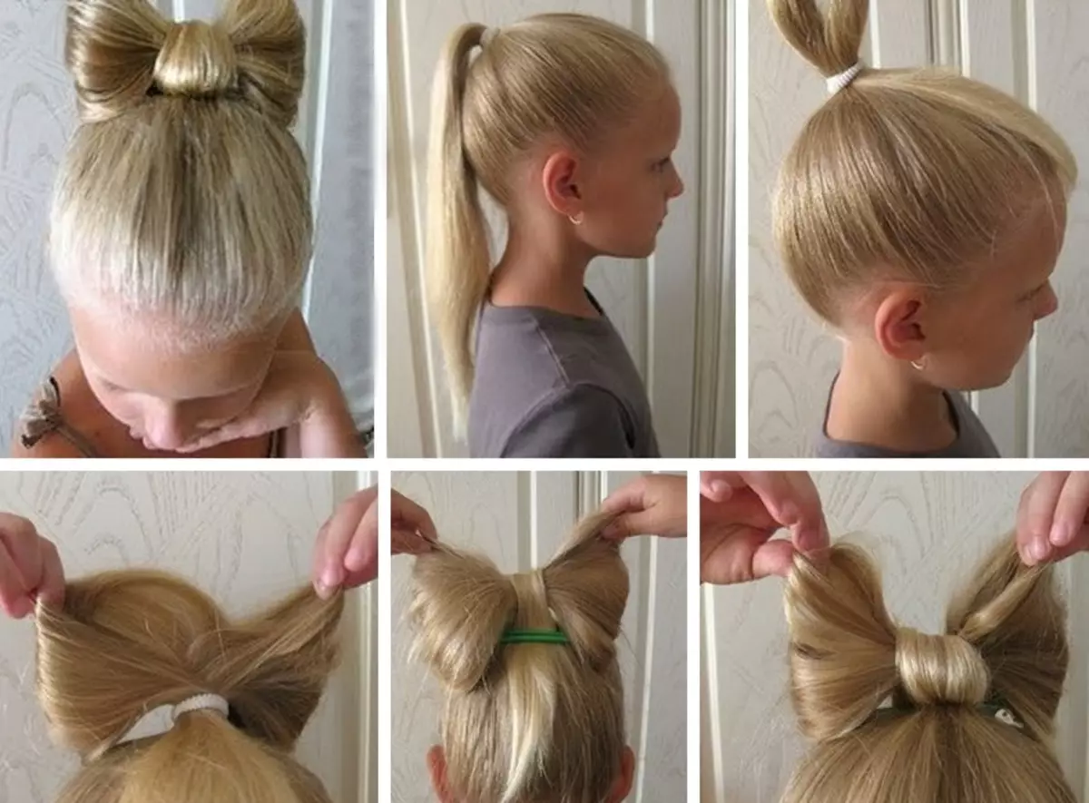 ヘアスタイル - 女の子のための弓：子供に長い髪の弓を作るためにステップバイステップの方法は？美しい子供のヘアスタイルの例 16832_20