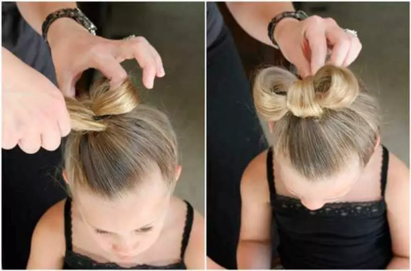 ヘアスタイル - 女の子のための弓：子供に長い髪の弓を作るためにステップバイステップの方法は？美しい子供のヘアスタイルの例 16832_21